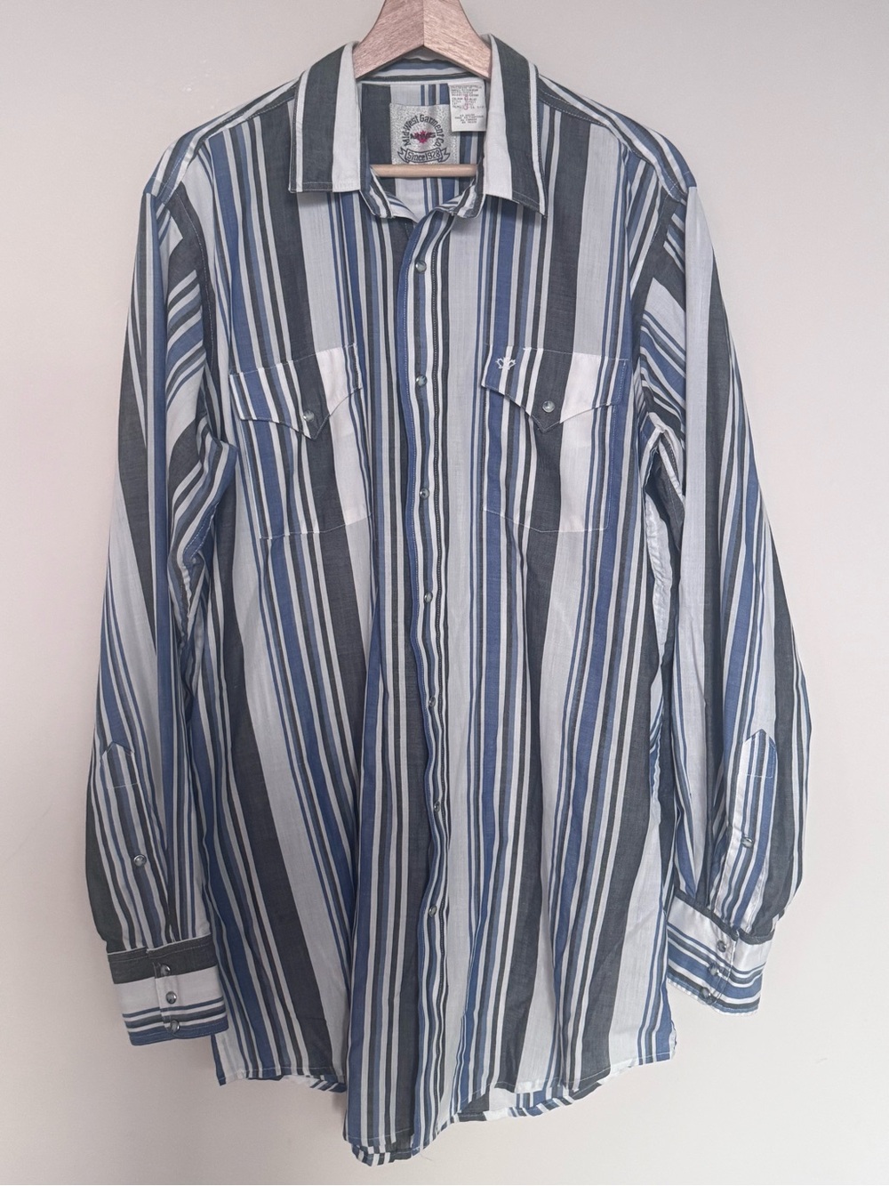 Vintage Men’s Long Sleeve Blue White & Grey Striped Western Shirt Pearl Snap